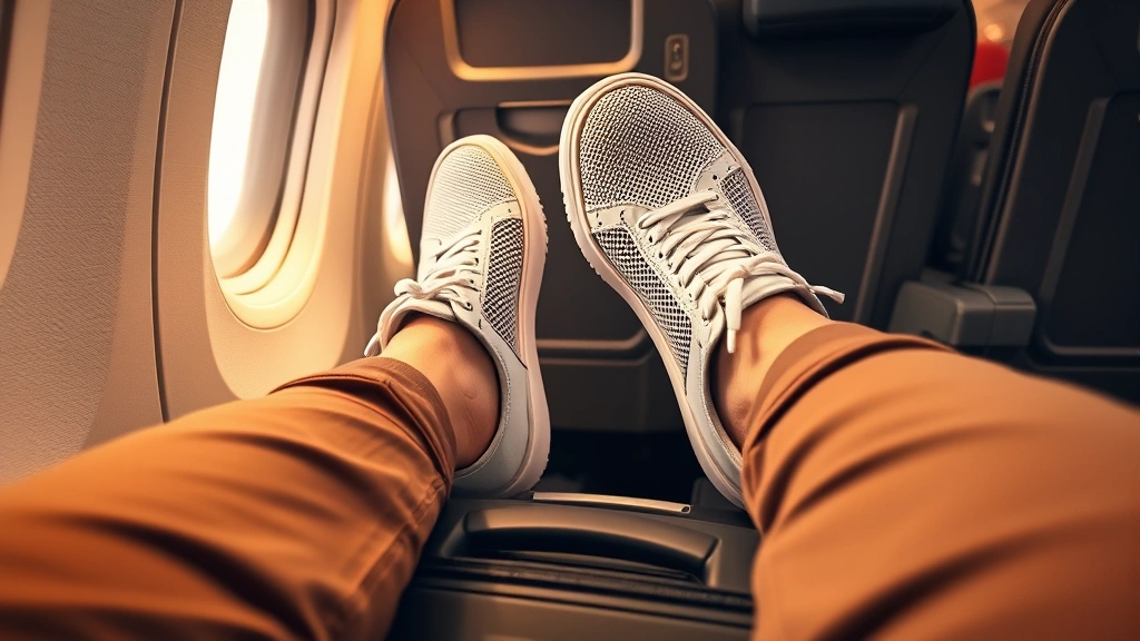 Traveler sitting in airplane seat wearing comfortable white mesh sneakers with feet resting on carry-on luggage, cabin interior visible, warm lighting showing relaxed posture
