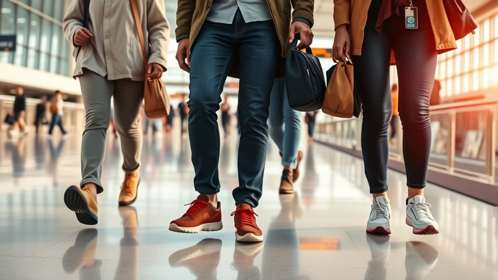 Airport terminal view showing diverse travelers walking with various comfortable shoe styles—slip-ons, lightweight sneakers, and breathable footwear—modern airport architecture in background