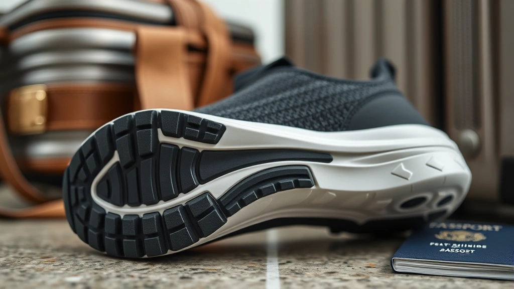Close-up of premium travel shoe sole and upper design showing breathable mesh material, cushioned sole technology, and minimalist aesthetic against travel accessories like passport and luggage