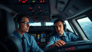 Commercial aircraft cockpit with pilot and copilot managing controls during emergency descent, focused expressions, instrument panels illuminated, realistic cabin lighting