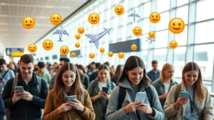 Busy modern airport terminal with travelers holding smartphones, colorful flight emoji graphics floating above people's heads, natural daylight streaming through windows, diverse passengers smiling while using phones, vibrant travel atmosphere