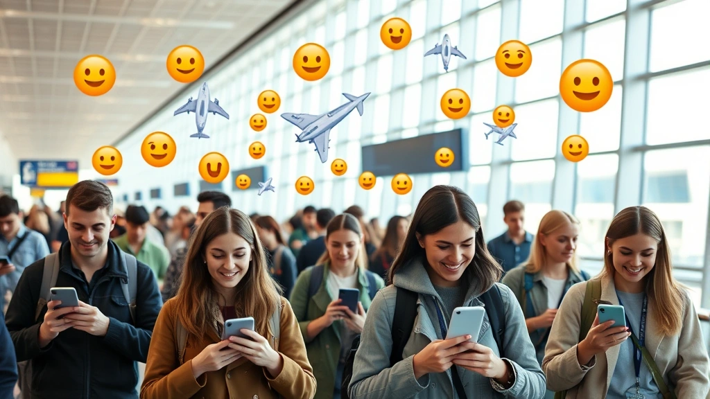 Busy modern airport terminal with travelers holding smartphones, colorful flight emoji graphics floating above people's heads, natural daylight streaming through windows, diverse passengers smiling while using phones, vibrant travel atmosphere