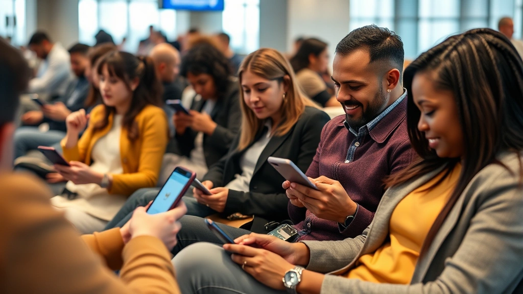 Close-up of diverse travelers sitting in airport lounge using mobile devices with flight emoji reactions visible on screens, comfortable seating area, professional yet casual environment, warm lighting highlighting digital interactions
