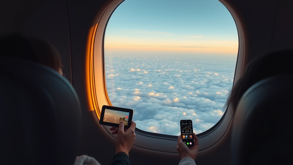 Airplane window view of clouds and landscape below during flight, passengers visible in seats with glowing screens showing flight tracking apps and travel apps with flight emotes, golden hour lighting, sense of journey and movement