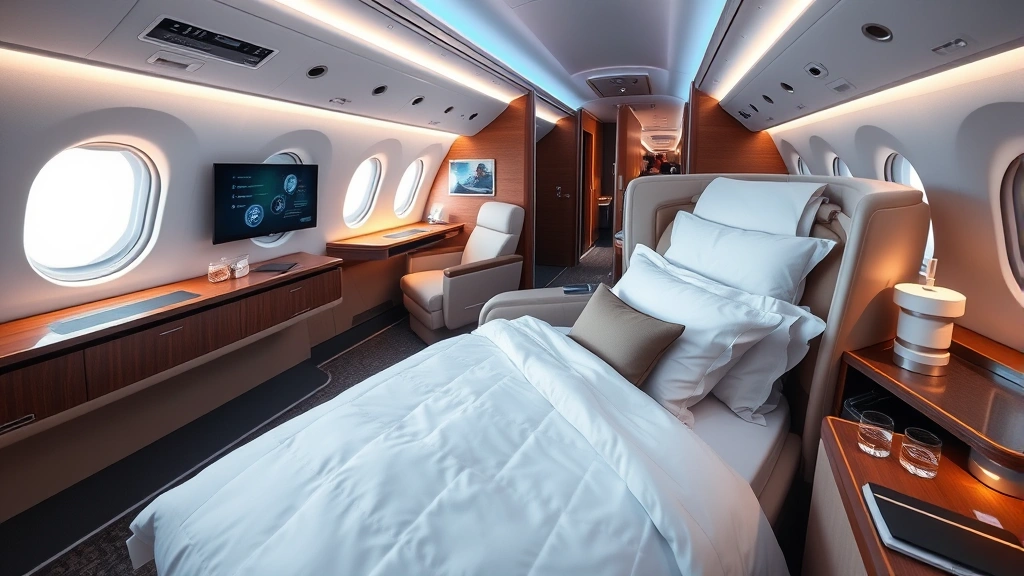 Luxury first class cabin interior with spacious lie-flat seat, white bedding, mood lighting, wide aisle, and premium amenities on modern aircraft