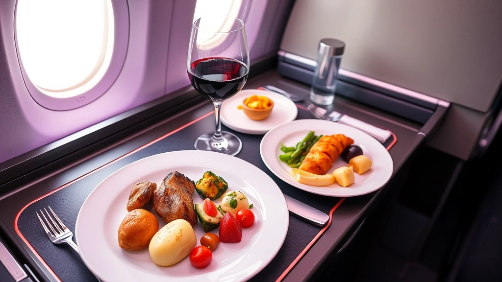 Gourmet first class meal service with multi-course plating, wine glass, fine dining presentation on aircraft tray table with premium tableware