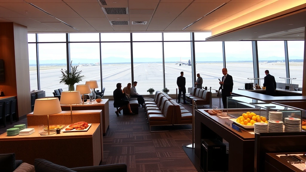 First class airport lounge interior with comfortable seating, floor-to-ceiling windows overlooking runway, premium buffet spread, and business travelers