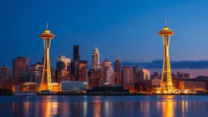 Seattle skyline with Space Needle at golden hour, Puget Sound waterfront, modern architecture reflecting in calm water, vibrant evening lighting, travel destination aesthetic