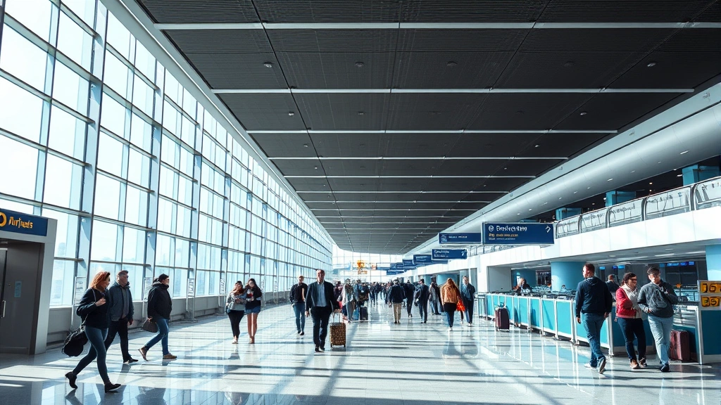 Modern airport terminal interior with passengers walking through security area, bright natural lighting, contemporary architecture, busy travel atmosphere, diverse travelers