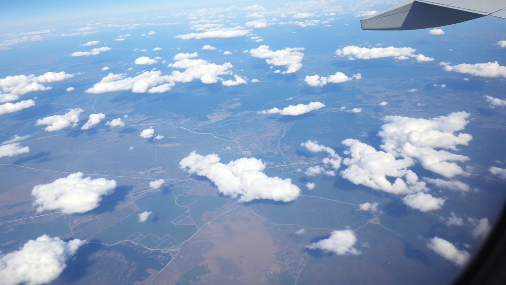 Texas landscape transitioning to Pacific Northwest scenery, aerial view from aircraft window showing geographic transition between regions, clouds and terrain patterns, journey perspective