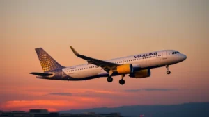 Modern Airbus A320 aircraft in Vueling livery taking off from Barcelona airport during sunset, vibrant blue and yellow branding visible on fuselage