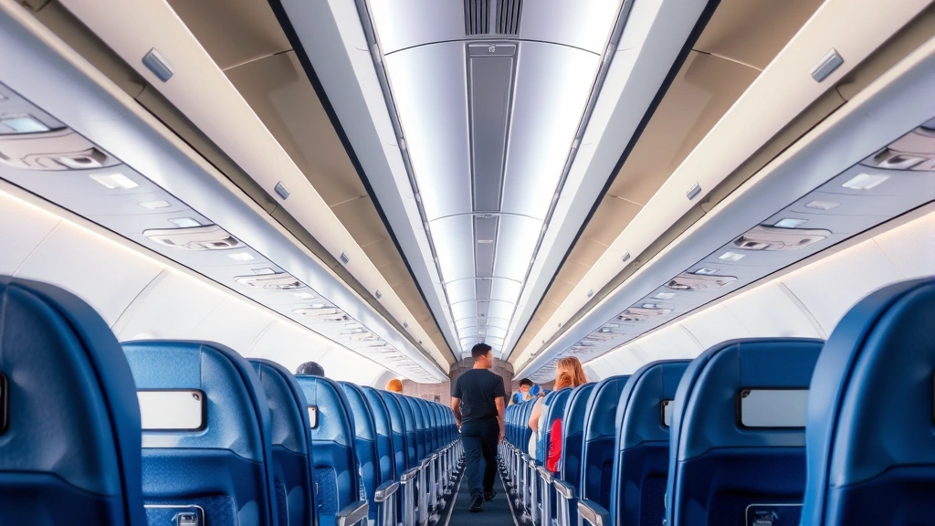 Spacious modern aircraft cabin interior showing comfortable blue seats with overhead bins, natural lighting, and aisle with passengers walking toward their seats