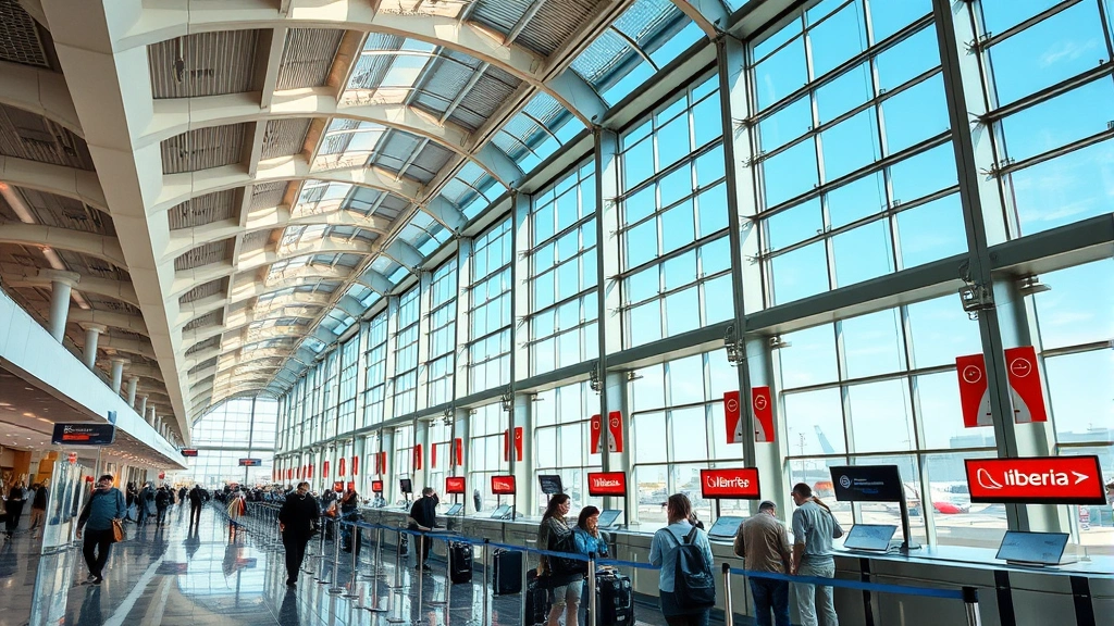 Spanish airport terminal with architectural glass and steel design, passengers checking in at counters with Iberia and other airline logos, natural daylight from large windows