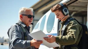 Experienced flight instructor and young student pilot performing pre-flight aircraft inspection together, examining airplane exterior in bright daylight, both wearing flight suits and headsets, professional aviation environment