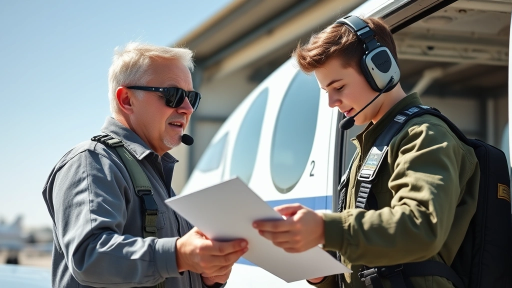 Experienced flight instructor and young student pilot performing pre-flight aircraft inspection together, examining airplane exterior in bright daylight, both wearing flight suits and headsets, professional aviation environment