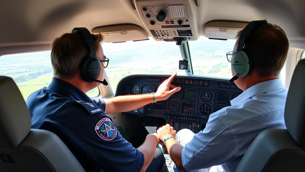 Flight instructor teaching in aircraft cockpit, pointing at instruments during flight lesson, student pilot at controls, green landscape visible through windscreen, natural daylight streaming into cabin