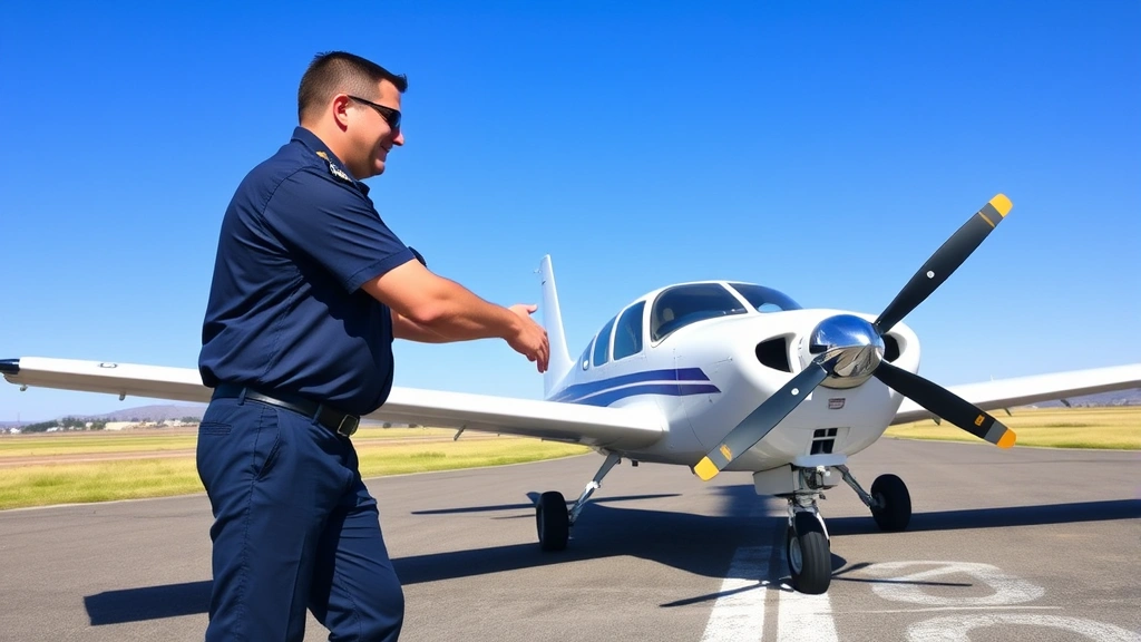 Flight instructor and student pilot shaking hands after successful checkride exam, standing in front of small training aircraft on runway, celebratory moment, clear blue sky background