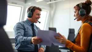 Professional male flight instructor conducting pre-flight briefing with young female student pilot in bright modern flight school classroom, both wearing aviation headsets, pointing at laminated checklist, natural window light, realistic photography