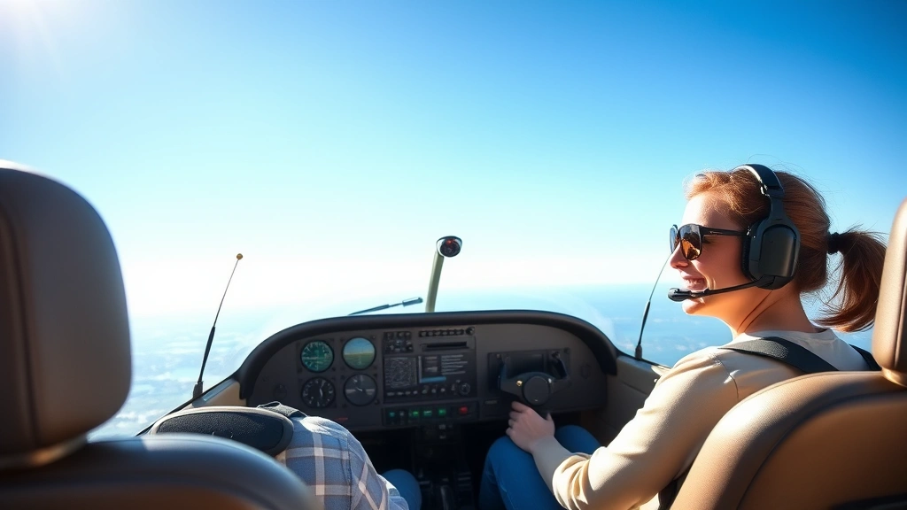 Experienced female flight instructor in right seat of Cessna 172 cockpit during training flight, smiling at student pilot, clear blue sky visible through windscreen, morning sunlight, professional aviation photography