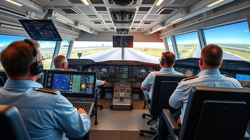 Modern flight training facility interior showing multiple flight simulators in operation, instructors monitoring student training sessions at control stations, advanced glass cockpit displays visible, professional training environment, realistic daylight