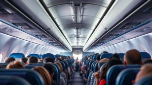 Crowded airplane cabin with passengers in tight economy seats, realistic overhead view showing packed rows, modern aircraft interior with blue seats