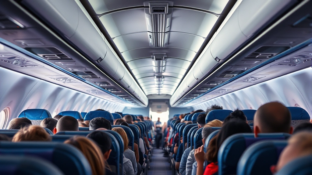 Crowded airplane cabin with passengers in tight economy seats, realistic overhead view showing packed rows, modern aircraft interior with blue seats