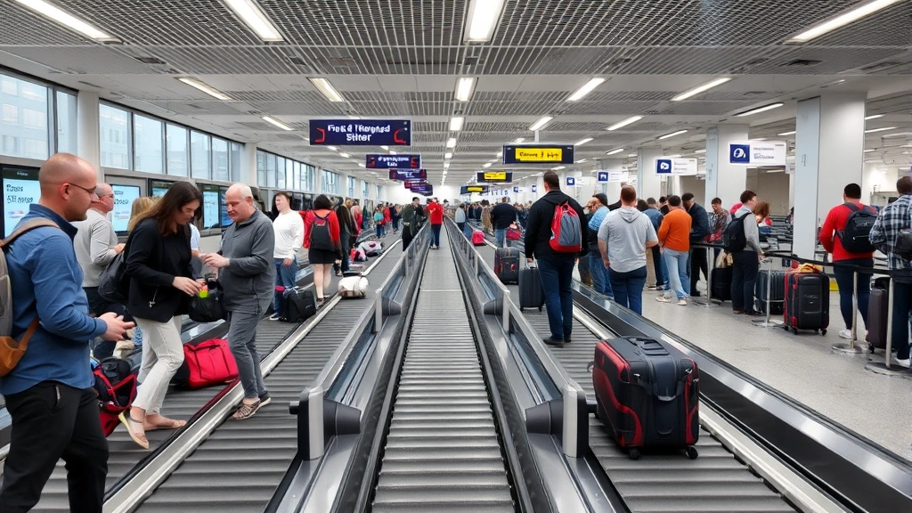 Airline security checkpoint with passengers removing shoes and items, conveyor belts with luggage, busy TSA line with travelers waiting