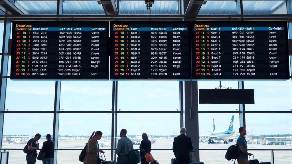 Airport terminal departure board showing flight information, passengers checking phones and luggage, modern airport interior with large windows showing tarmac