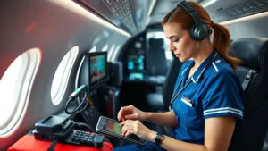 Professional registered nurse in aviation uniform checking medical equipment inside modern aircraft cabin during pre-flight preparation, focused expression, specialized aviation medical kit visible