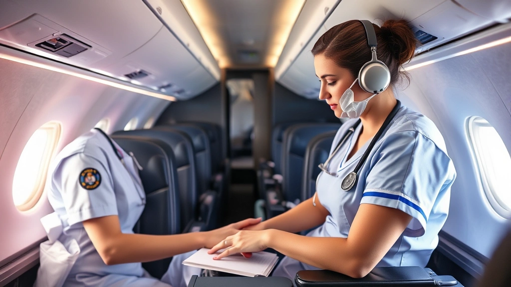 Flight nurse providing emergency medical care to passenger in aircraft cabin, demonstrating clinical assessment and patient communication during in-flight medical situation, calm professional demeanor