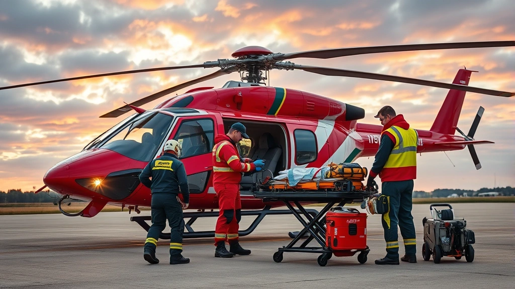 Helicopter emergency medical services crew including flight nurse preparing medical equipment on tarmac before rescue mission, dramatic sky background, specialized aviation medical gear and transport equipment