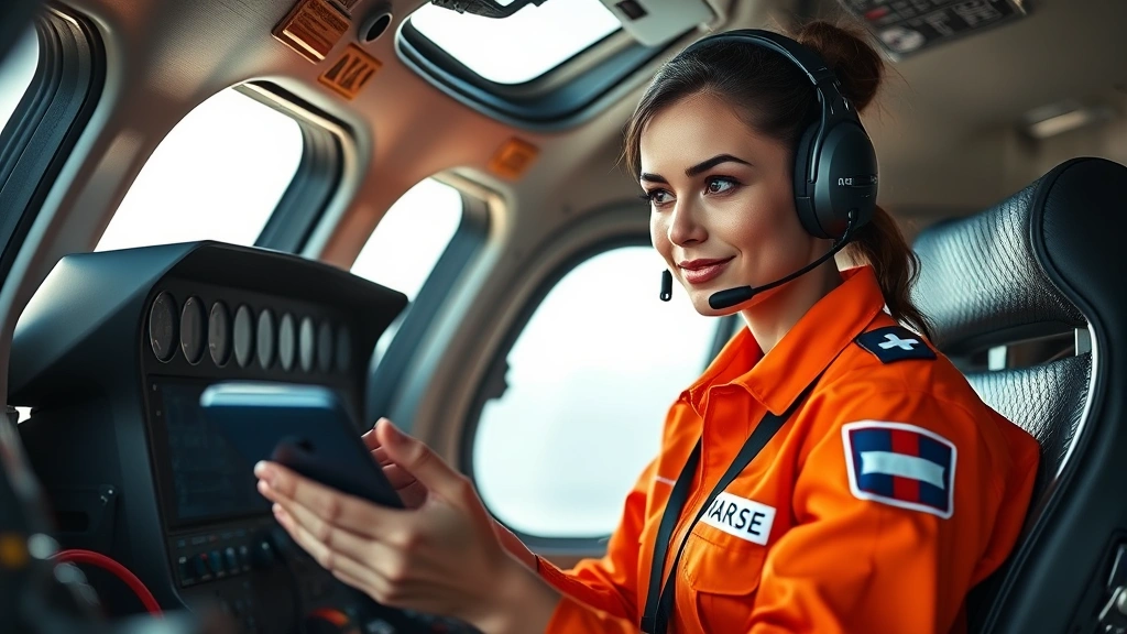 Professional female flight nurse in orange flight suit conducting medical assessment inside helicopter cockpit with medical equipment visible, natural daylight streaming through windows, confident clinical expression