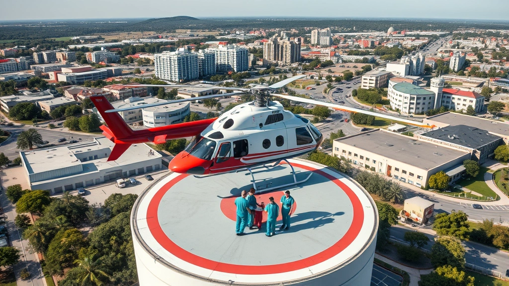 Aerial view of hospital helipad with medical helicopter landed, emergency medical team in scrubs approaching aircraft, urban hospital campus visible below, clear daytime conditions