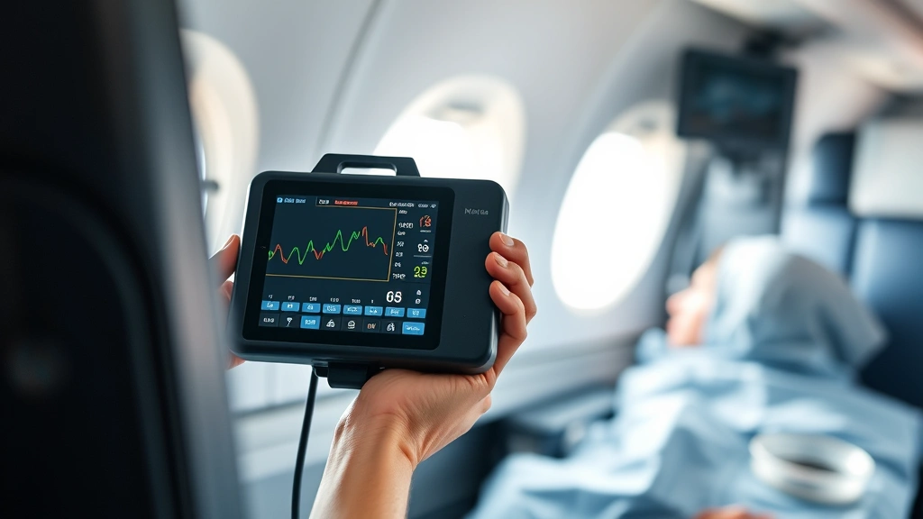 Close-up of flight nurse's hands holding advanced medical monitoring device during in-flight patient care, professional medical setting, focused clinical work environment, natural lighting
