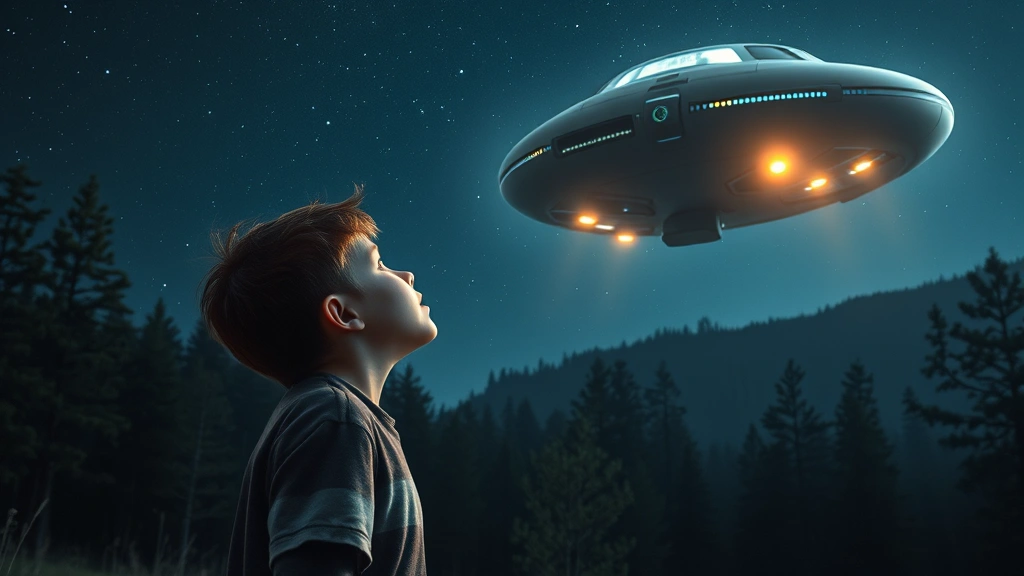 A photorealistic scene of a young boy looking up at a futuristic silver spacecraft hovering above a forest at night, with stars visible in the sky and the spacecraft's lights casting an ethereal glow on the landscape