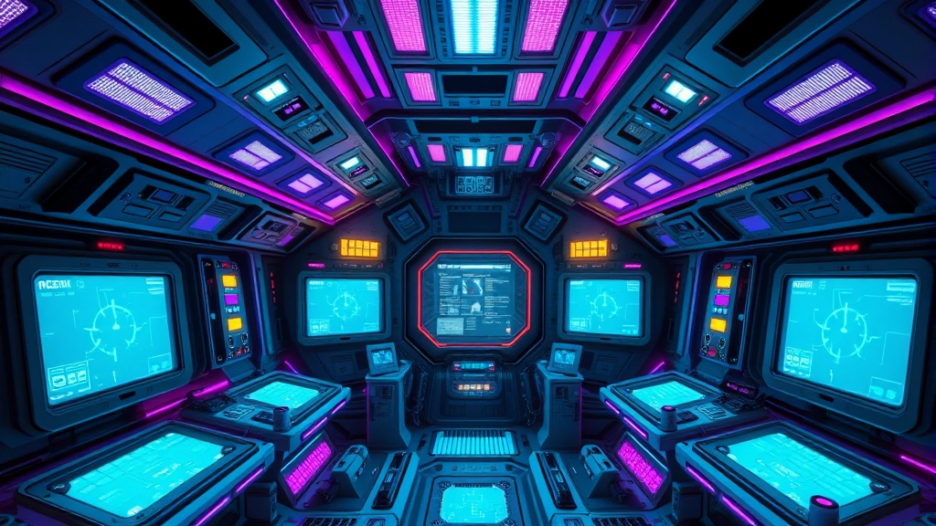 A detailed photorealistic image of a 1980s-style spacecraft interior with glowing control panels, blue and purple lighting, and advanced computer interfaces creating a sense of wonder and technological advancement