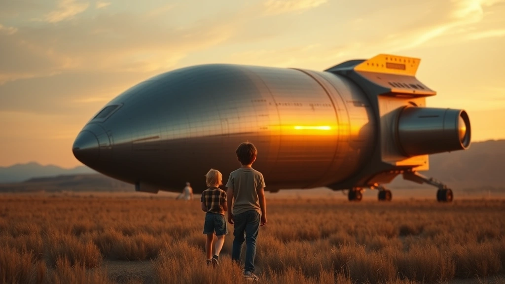 A nostalgic photorealistic scene showing a young boy and his friends standing in front of a large spacecraft in an open field during golden hour sunset, with the spacecraft's metallic surfaces reflecting warm light