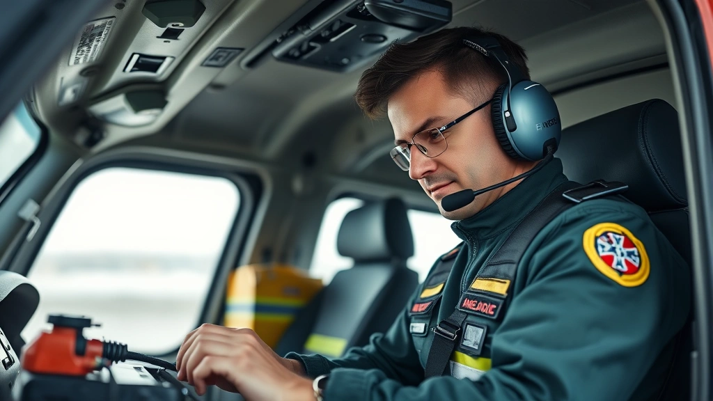 Experienced flight paramedic checking medical equipment inside a helicopter cabin before takeoff, wearing flight suit and headset, professional and focused expression