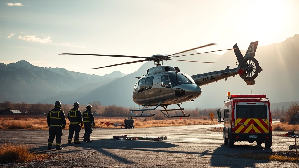 Helicopter landing at a trauma scene during daylight with emergency responders approaching, dramatic aviation emergency response setting with mountains in background