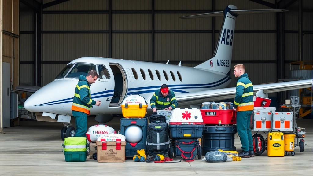 Flight paramedic team conducting post-flight equipment inventory and maintenance check at aircraft hangar, organized medical supplies and aviation equipment visible
