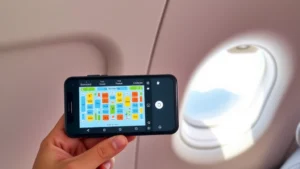 Aerial view of modern aircraft cabin showing colorful seat map display on passenger's smartphone, aircraft interior visible through window, bright natural lighting, travel planning concept