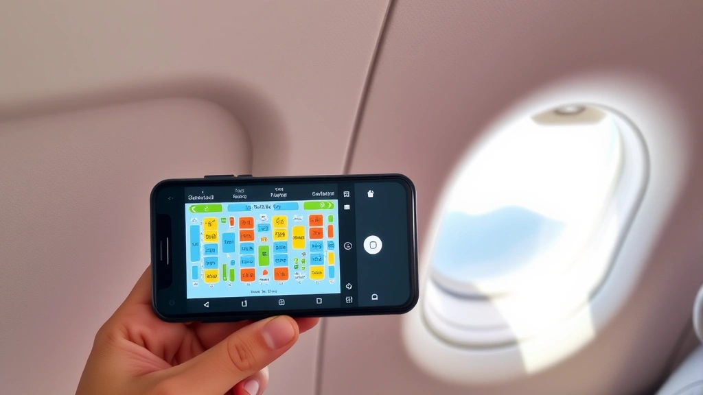 Aerial view of modern aircraft cabin showing colorful seat map display on passenger's smartphone, aircraft interior visible through window, bright natural lighting, travel planning concept