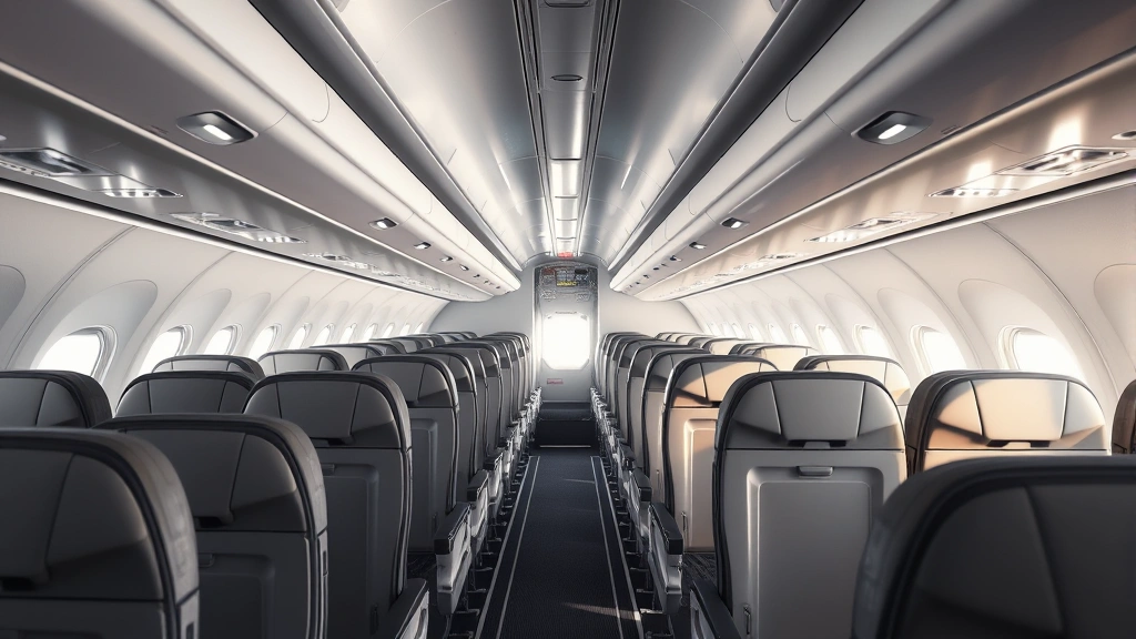 Professional photograph of wide-body aircraft cabin interior showing multiple seat rows with different configurations, overhead bins, and aisle, daylight streaming through windows, realistic cabin environment