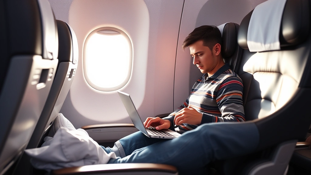 Close-up of passenger sitting in premium economy seat with extended legroom, working on laptop, comfortable reclined position, modern aircraft cabin background, natural window lighting, travel comfort concept
