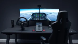 Professional flight simulation cockpit setup with multiple control devices including yoke, throttle quadrant, and rudder pedals on a modern gaming desk with dual monitors displaying flight sim