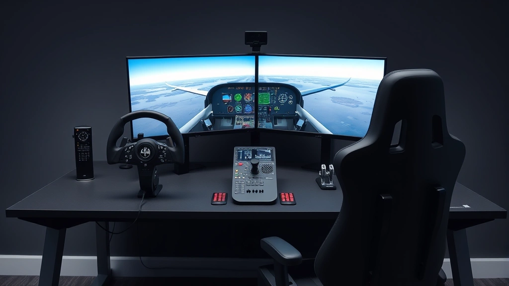 Professional flight simulation cockpit setup with multiple control devices including yoke, throttle quadrant, and rudder pedals on a modern gaming desk with dual monitors displaying flight sim