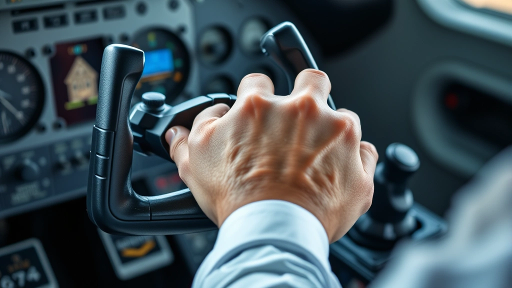 Close-up detail of high-end flight yoke control system with realistic aircraft-style design, showing hand position and control surface details in a home cockpit environment