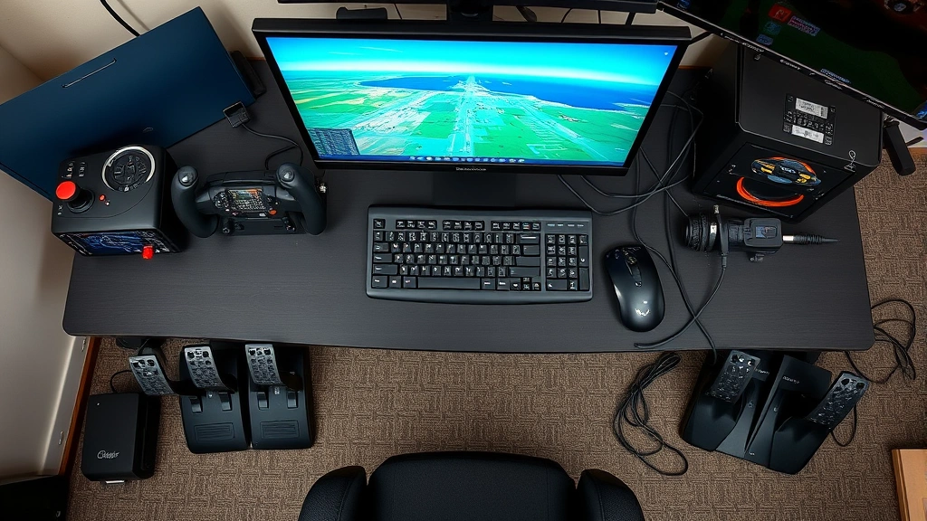 Overhead view of complete flight simulation station showing joystick, throttle controls, keyboard, pedals, and cable management in an organized professional setup