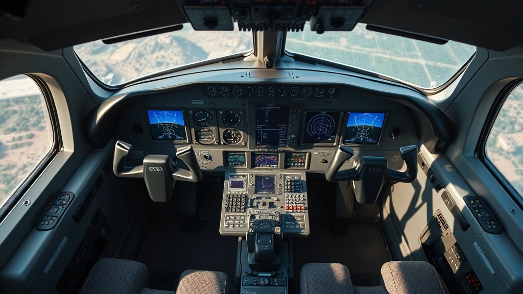 Overhead view of realistic flight simulator cockpit setup with yoke controller, throttle quadrant, and multiple displays showing aircraft instruments, natural lighting from windows