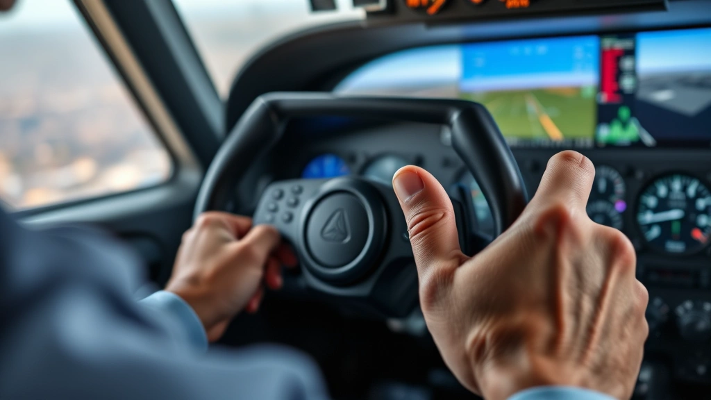Close-up of pilot hands operating flight simulator yoke and throttle controls during active flight with instrument panel visible, showing smooth coordinated control inputs